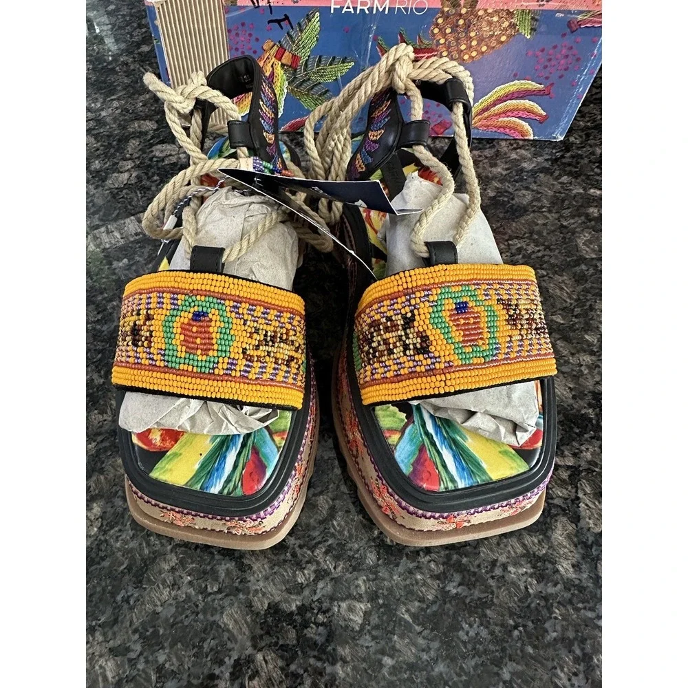 Farm Rio Beaded Banana Flatform Sandal.‎ NWB. Size 9 Women's. Platform Wrap Up - Picture 3 of 12